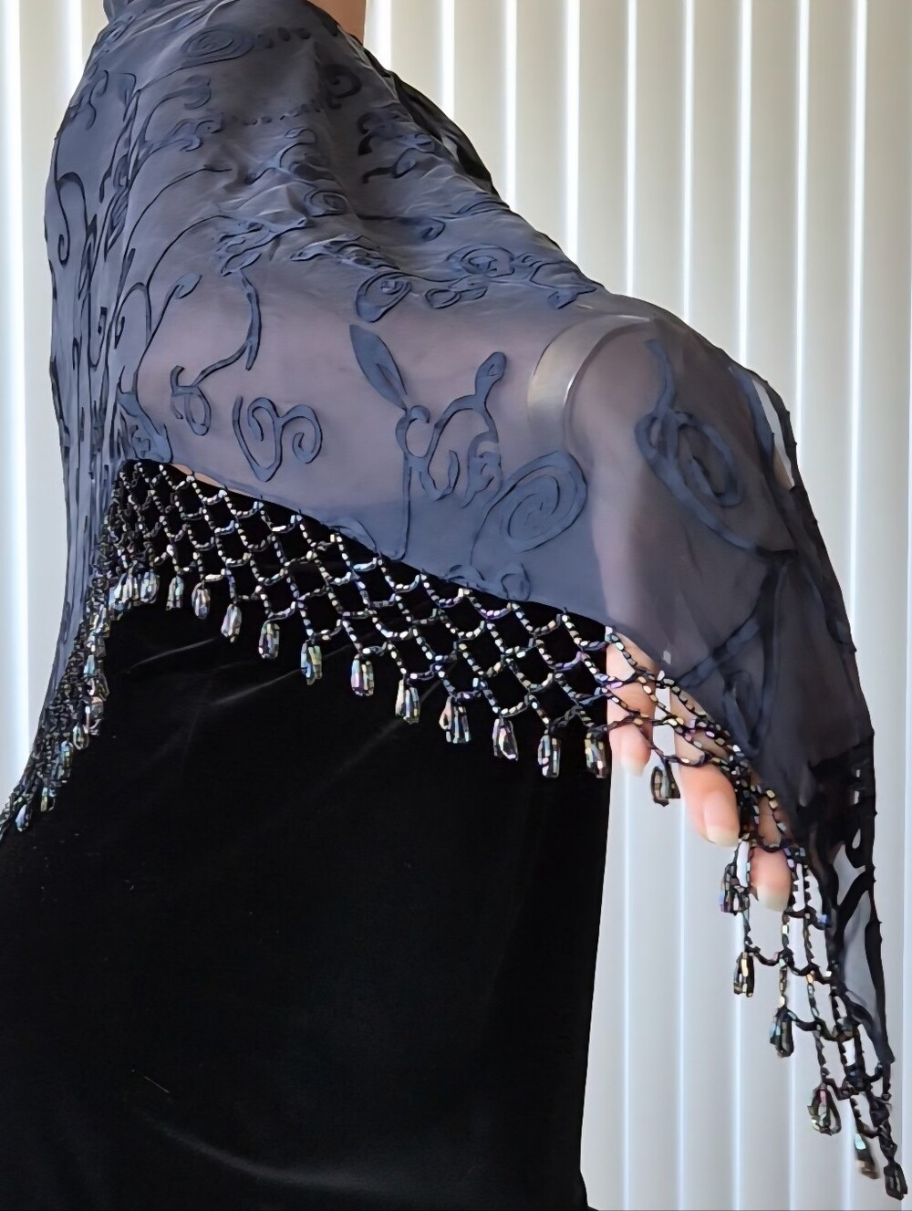 Alex Evenings Elegant Silk Beaded Fringe Shawl Wrap Midnight Blue